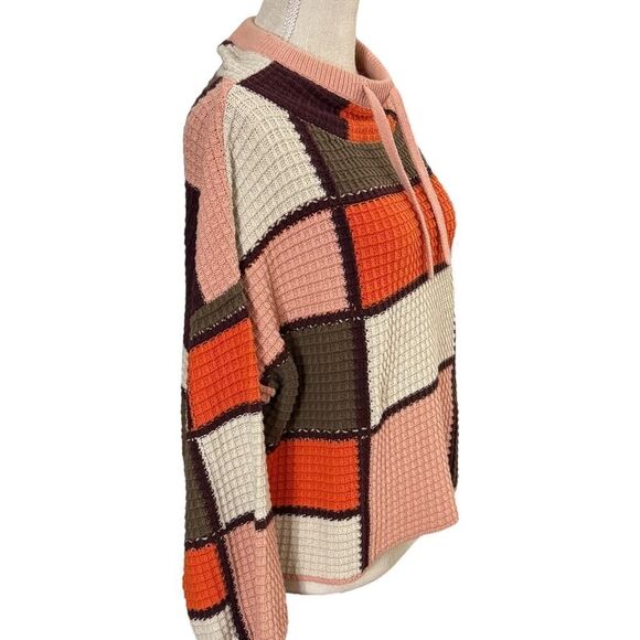 Women's Large Color Block Waffle Knit Cowl Neck Sweater, Peach/Orange/Brown - Picture 3 of 4